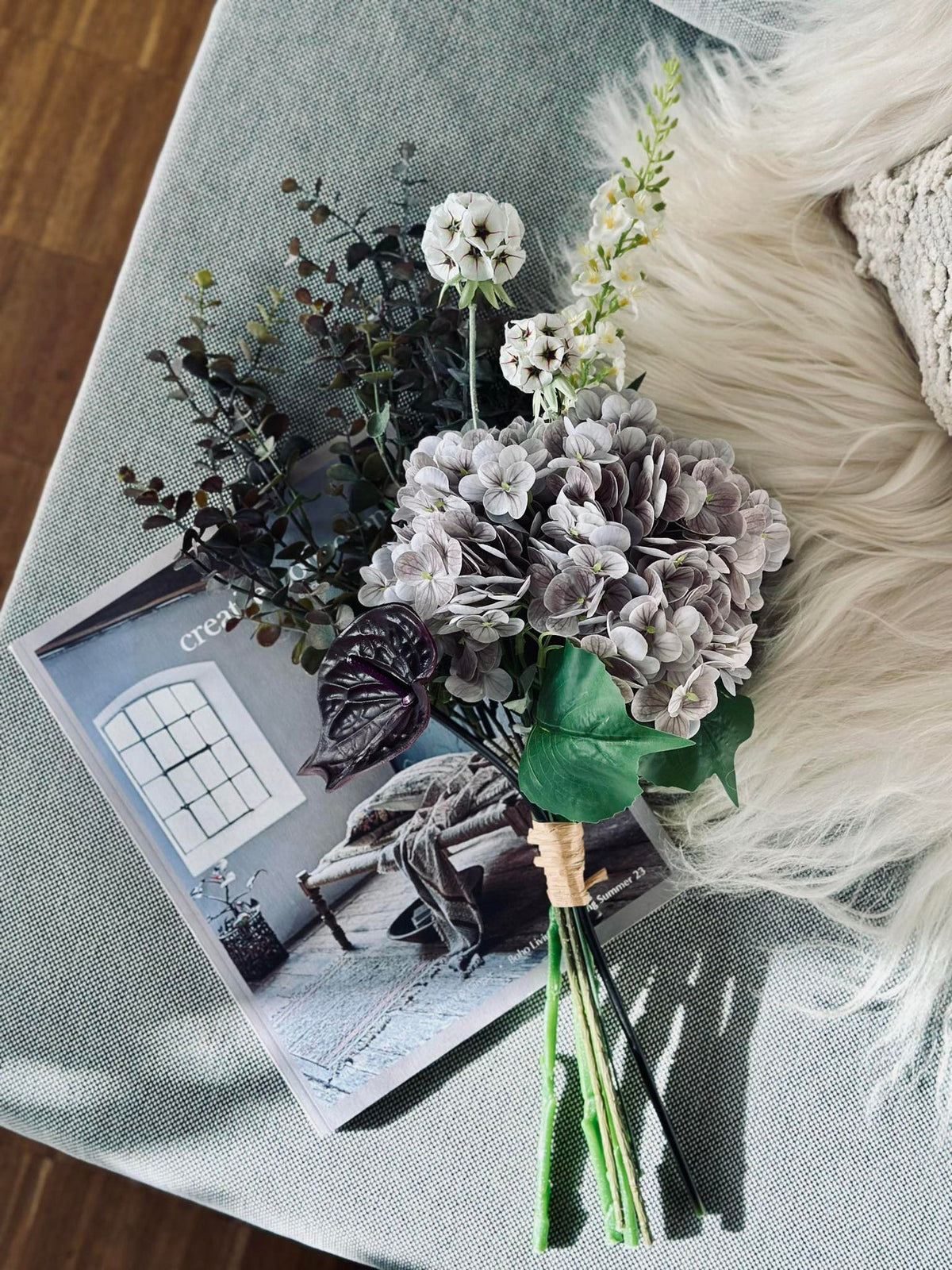 Bouquet avec hortensia et eucalyptus