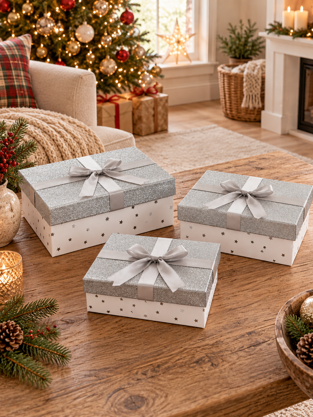 Coffret de boîtes cadeau - Argent – Avec nœud
