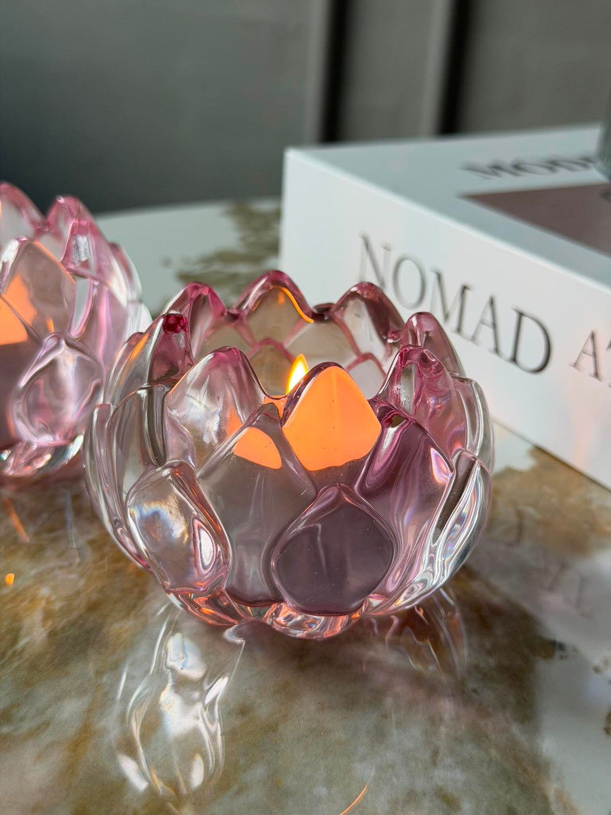 Bougeoir rose fleur - Lot de 2