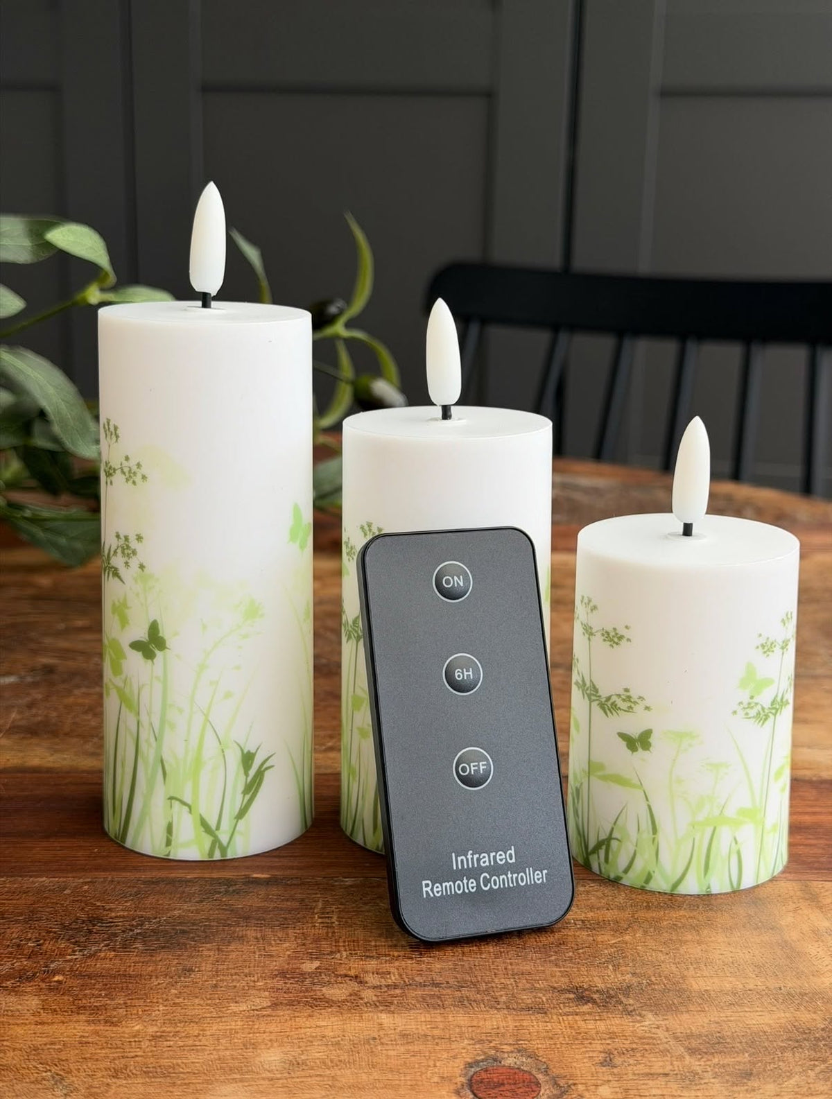 Bougies piliers d’extérieur Green Flower - Lot de 3
