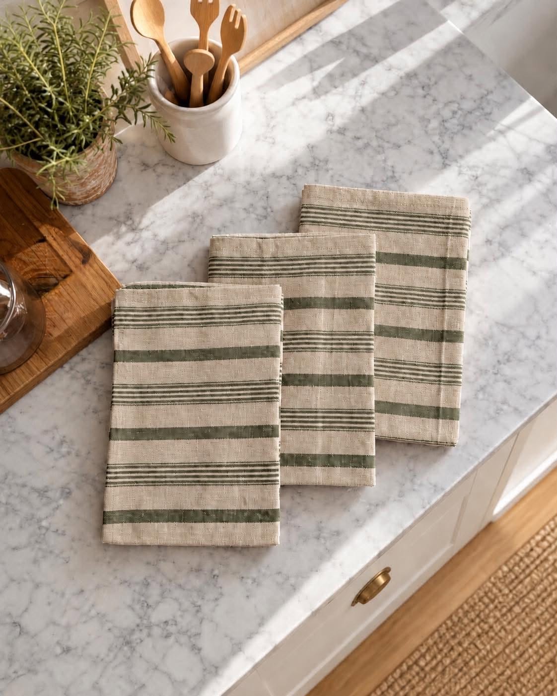 Torchon rayé vert - Lot de 3
