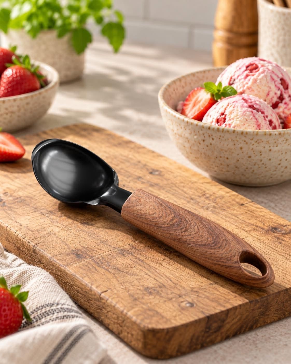 Cuillère à glace - noire avec manche en bois