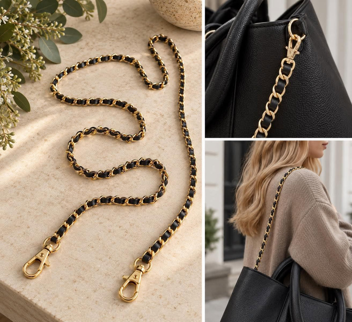 Bandoulière chaîne avec cuir - Black/Gold 124cm