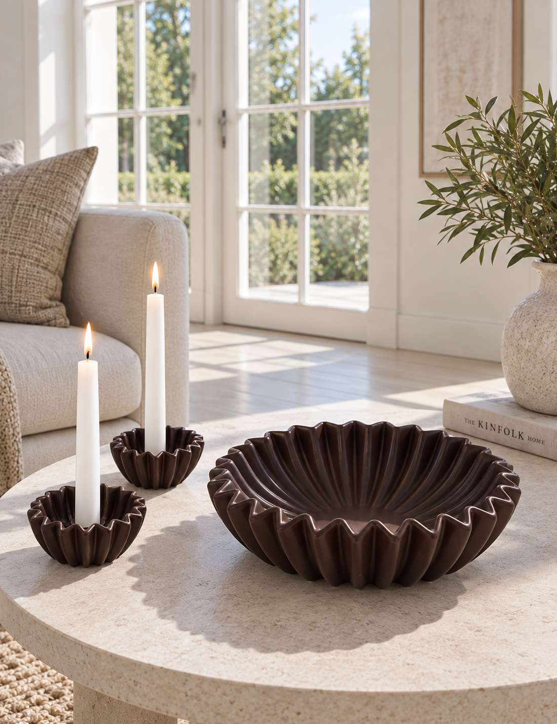 Ensemble plateau et bougeoirs WAVE - Brown
