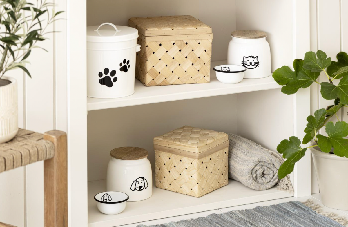 Boîte pour nourriture pour chien blanche avec motif chien et couvercle en bois 2,2 litres