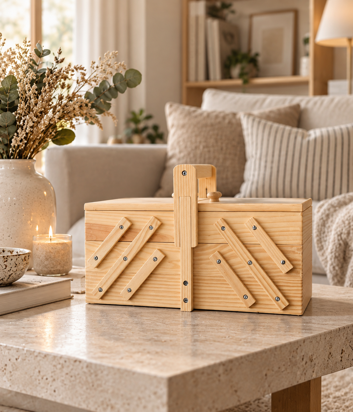 Boîte de rangement en bois pour fils à coudre, etc.