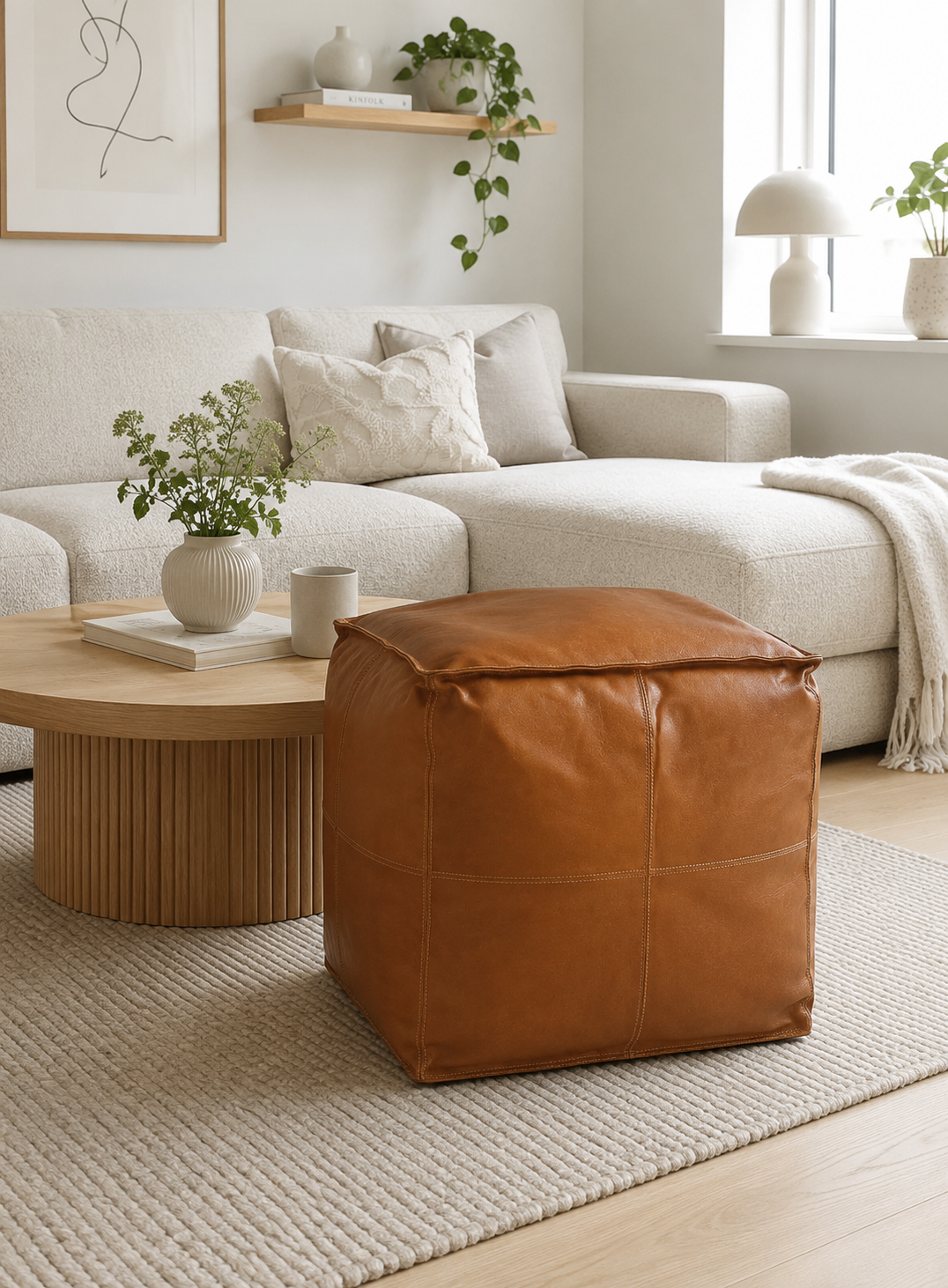 Pouf en cuir cognac
