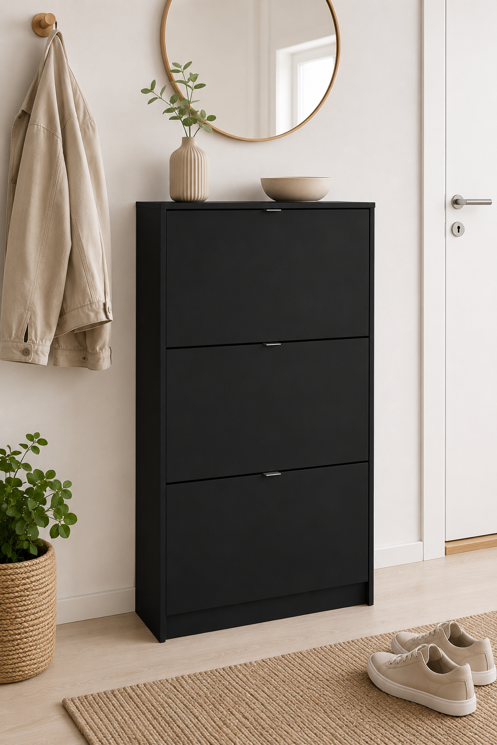 Armoire à chaussures avec 3 portes abattantes et 2 étagères - Black