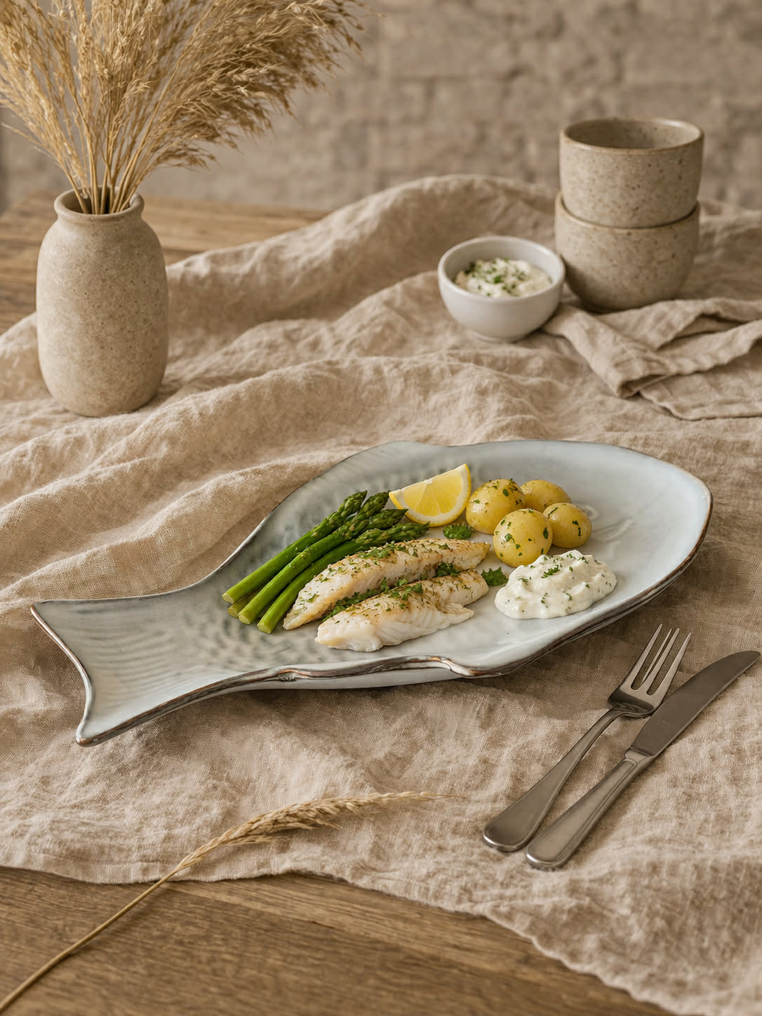 Assiette à poisson en grès - bleu clair