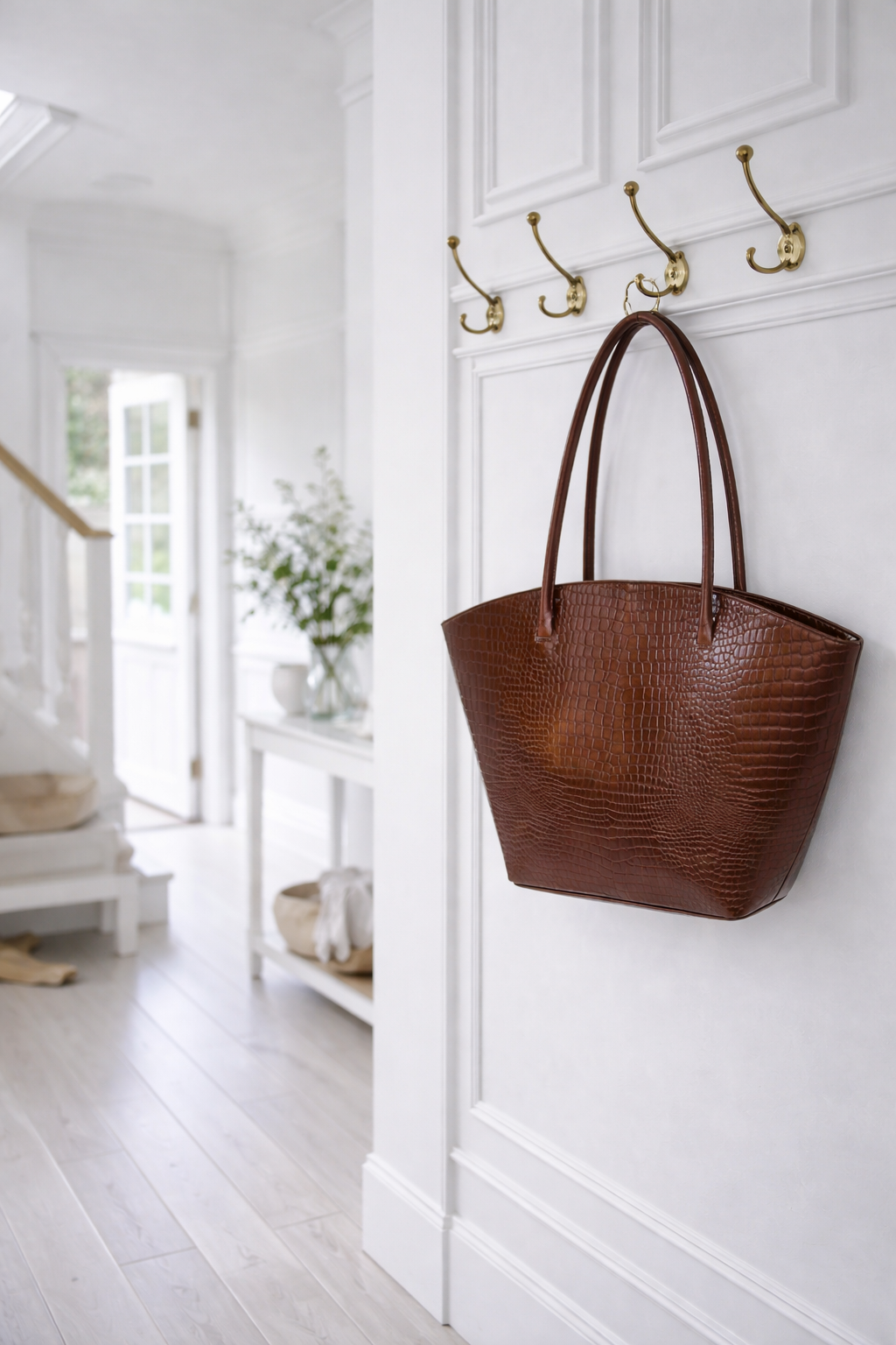 Shopper croco en cuir - Cognac