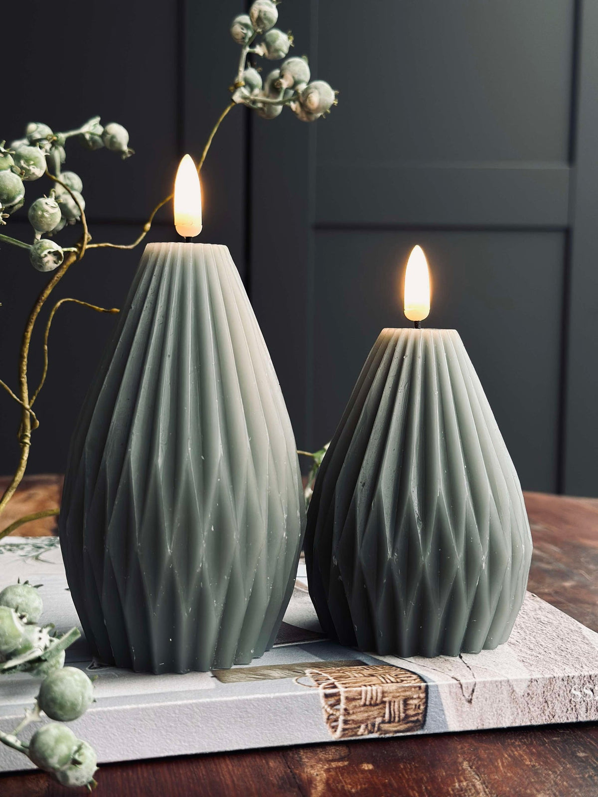 Bougies LED en bloc / Rainures – lot de 2 gris/vert