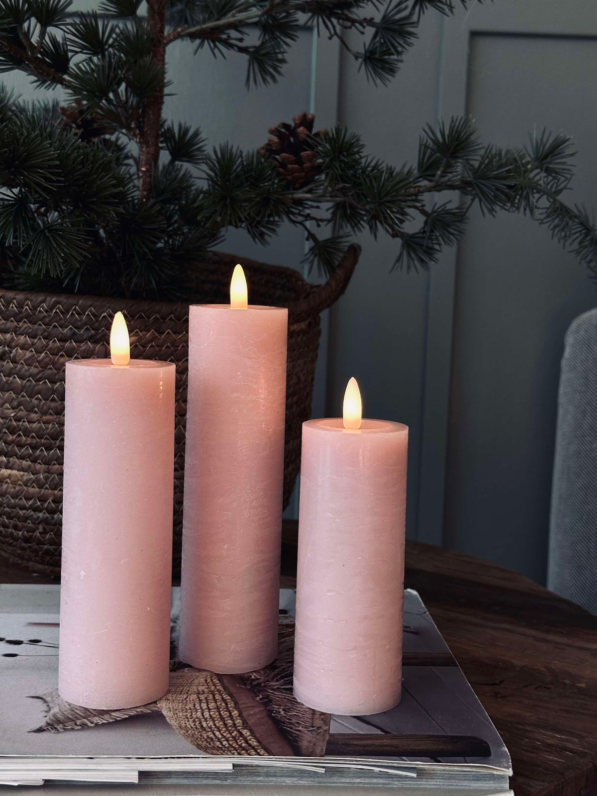 Bougies blocs LED / Rose – lot de 3 rustiques dia 5 cm