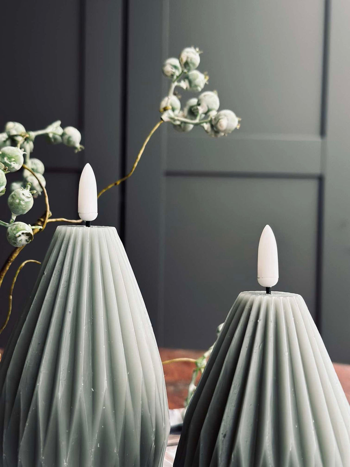 Bougies LED en bloc / Rainures – lot de 2 gris/vert