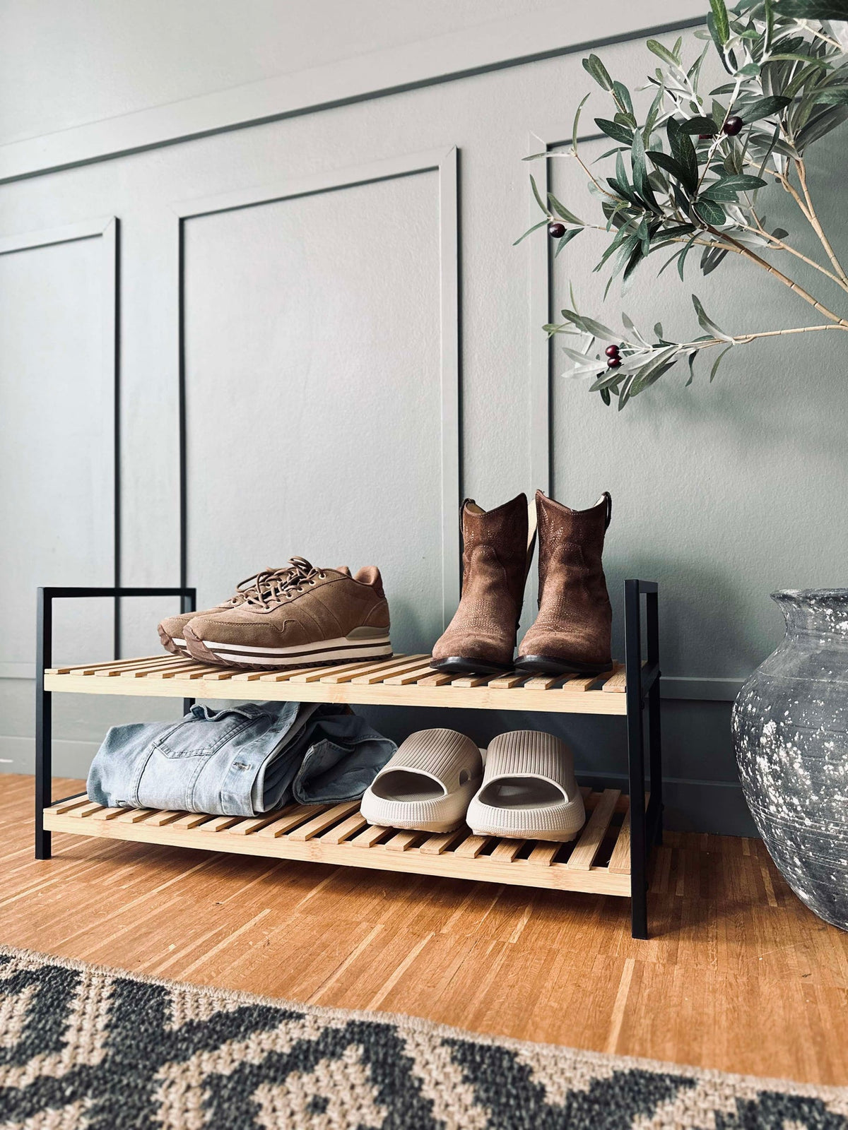 Meuble à chaussures en bambou - 2 étagères
