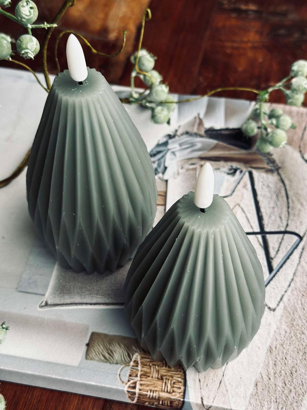 Bougies LED en bloc / Rainures – lot de 2 gris/vert