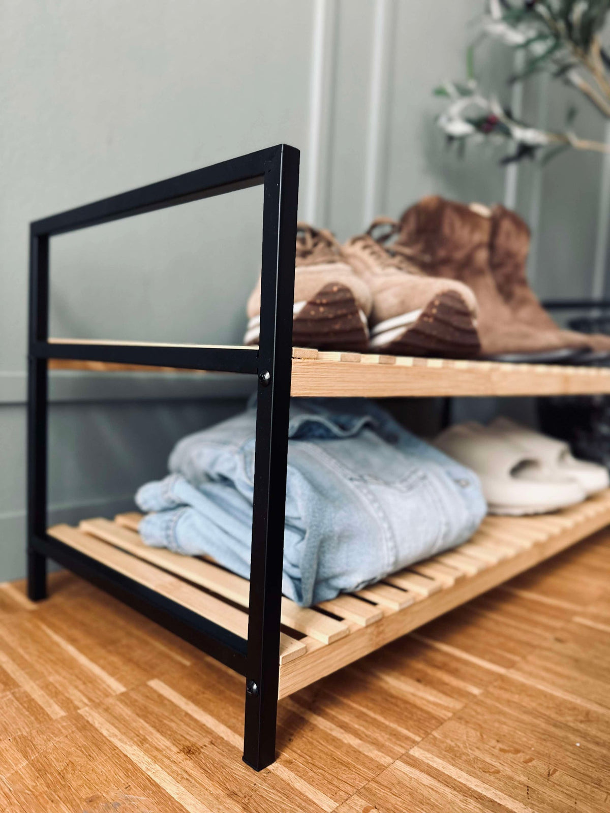 Meuble à chaussures en bambou - 2 étagères