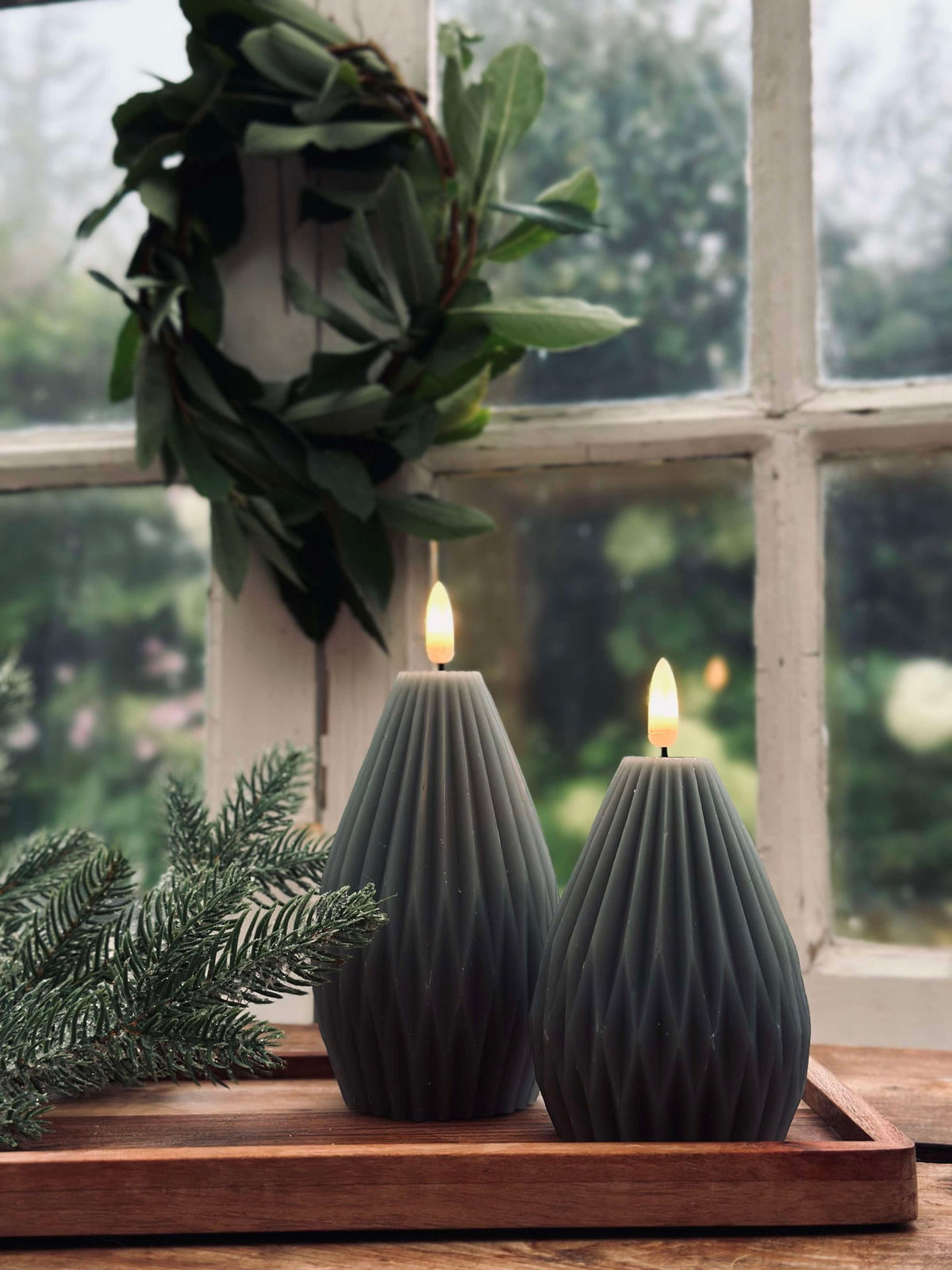 Bougies LED en bloc / Rainures – lot de 2 gris/vert