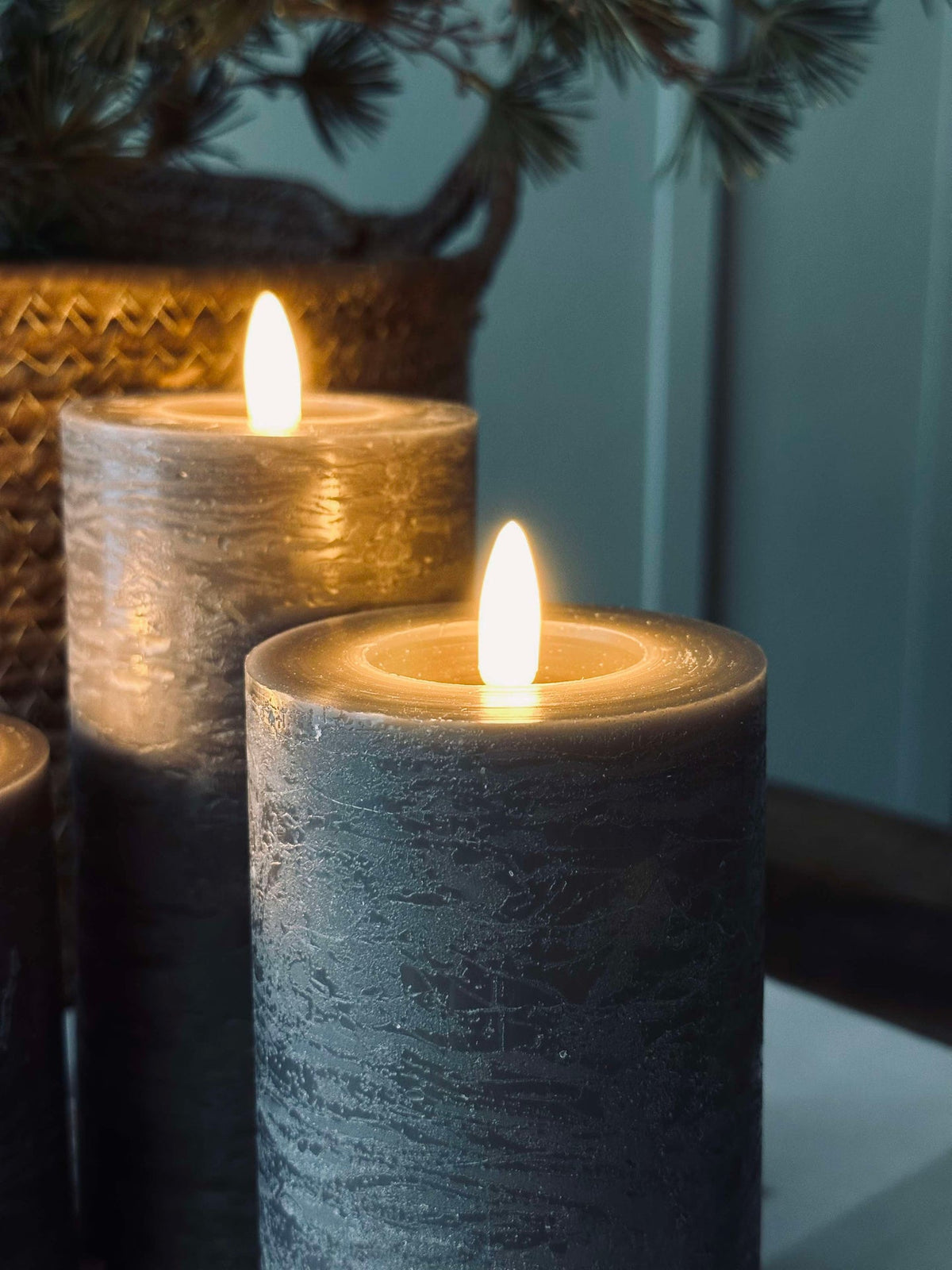 Bougies LED pilier / Gris – lot de 3 bougies rustiques