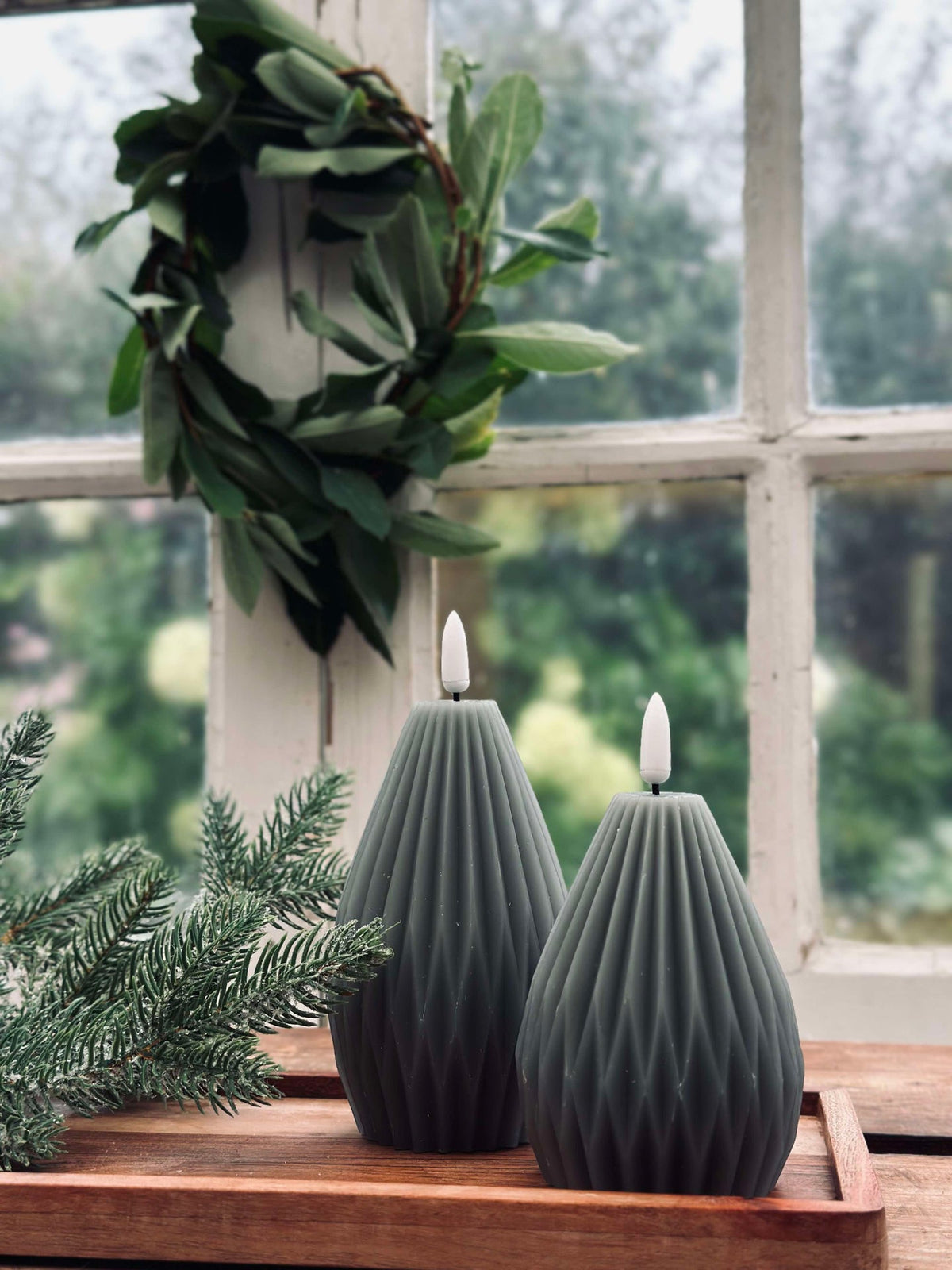 Bougies LED en bloc / Rainures – lot de 2 gris/vert