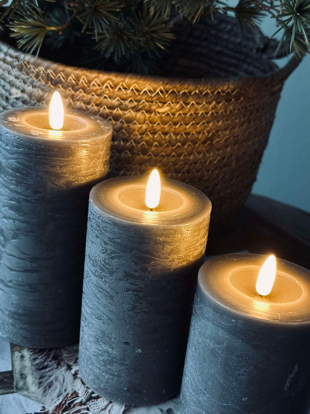 Bougies LED pilier / Gris – lot de 3 bougies rustiques