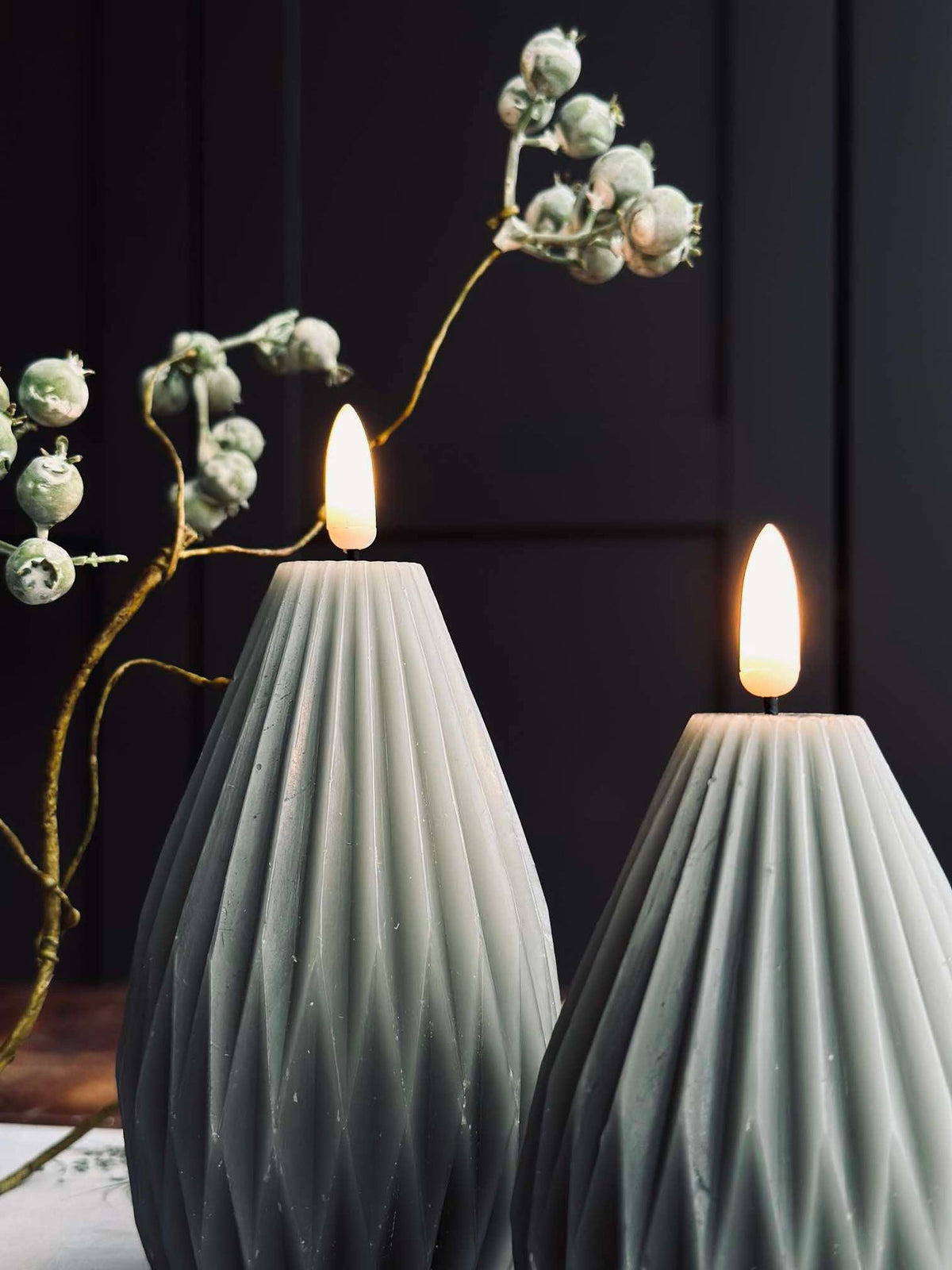 Bougies LED en bloc / Rainures – lot de 2 gris/vert