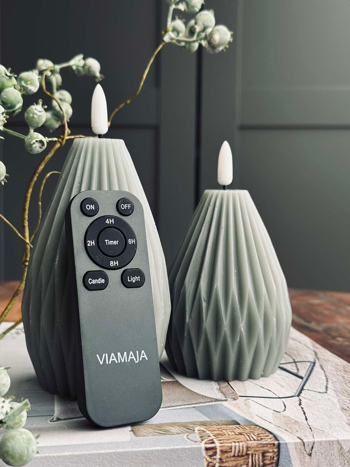 Bougies LED en bloc / Rainures – lot de 2 gris/vert