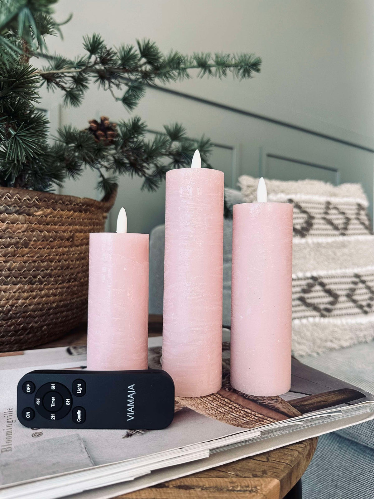 Bougies blocs LED / Rose – lot de 3 rustiques dia 5 cm