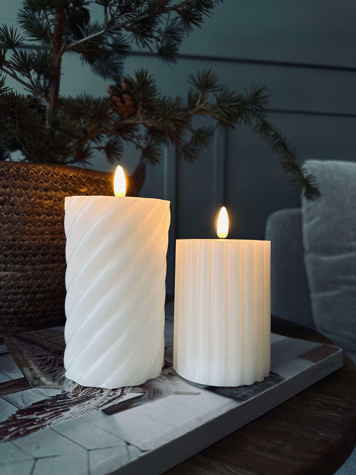 Bougies bloc LED / Design – lot de 2 rayures blanches