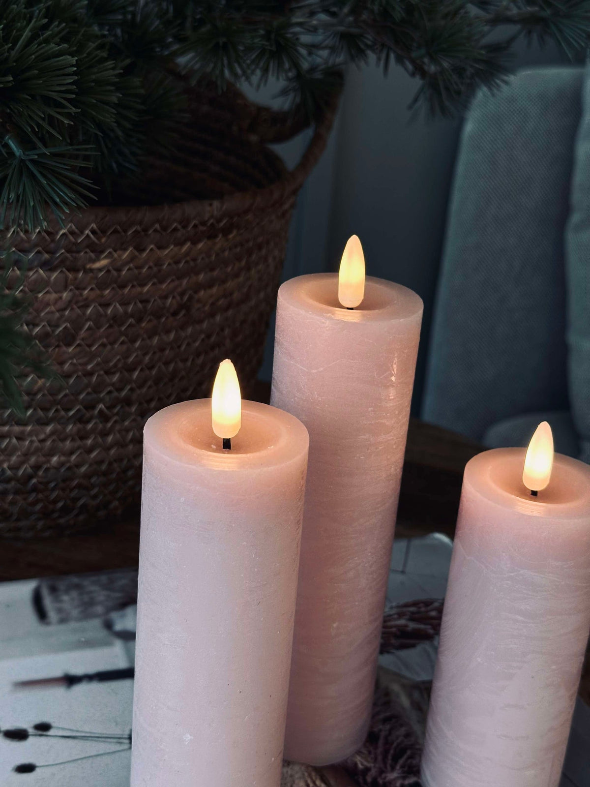 Bougies blocs LED / Rose – lot de 3 rustiques dia 5 cm