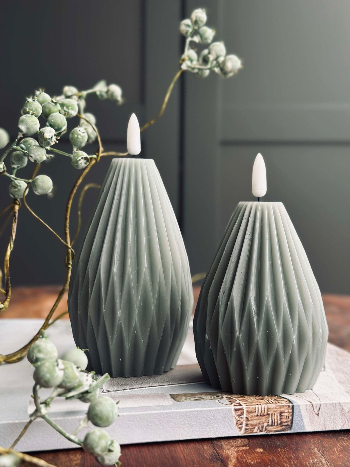 Bougies LED en bloc / Rainures – lot de 2 gris/vert