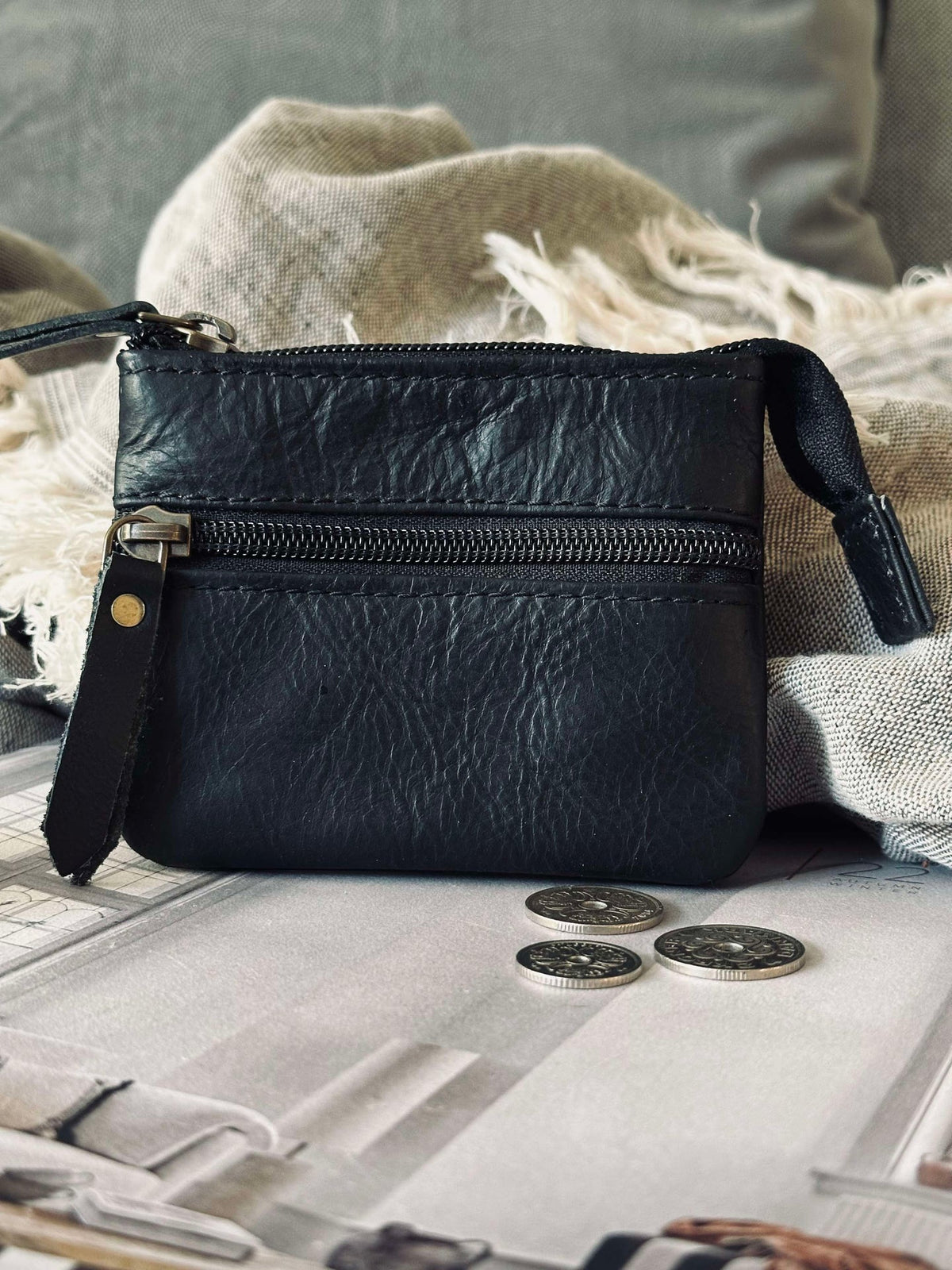 Portefeuille en cuir de buffle noir