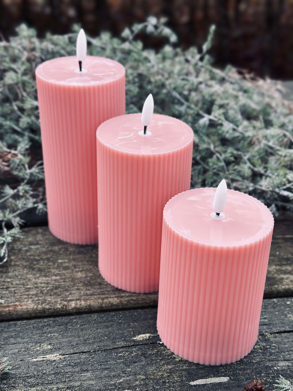 Bougies bloc LED d’extérieur striées - Lot de 3 - Rose