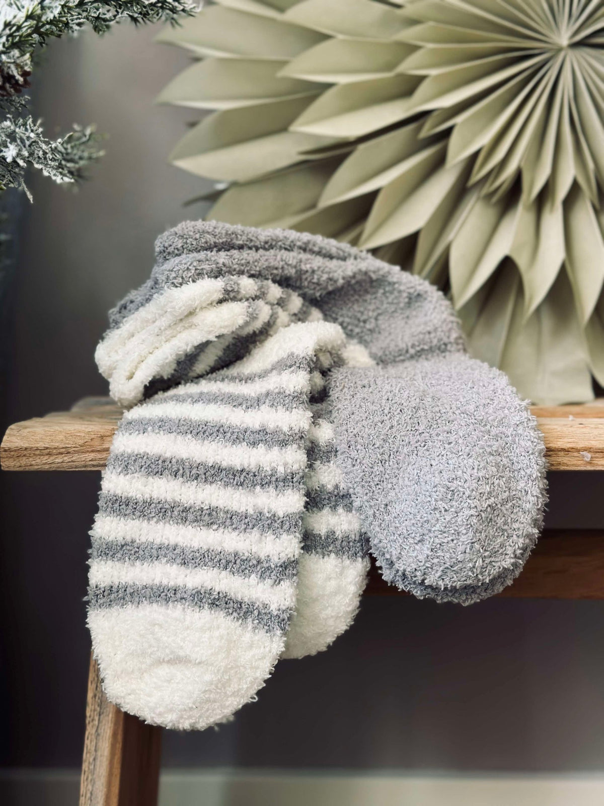 Chaussettes Fluffy grey stripes - Lot de 2 paires