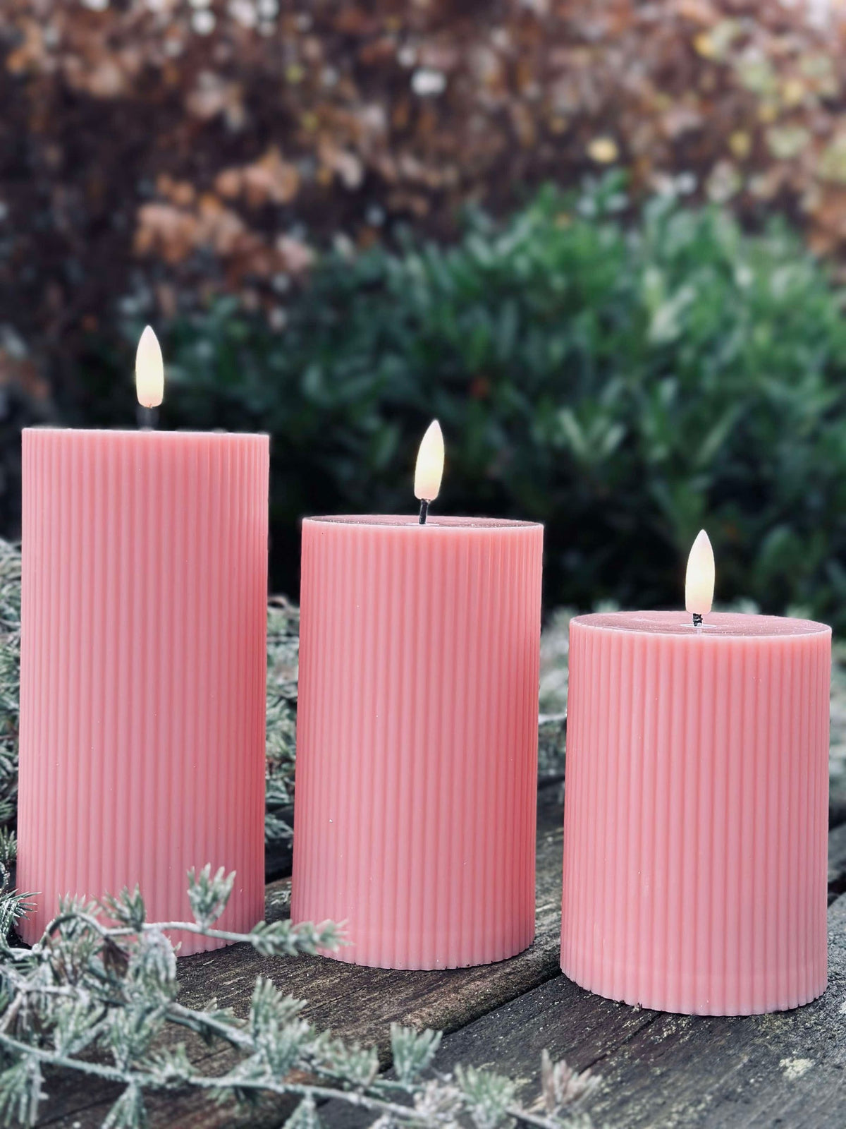 Bougies bloc LED d’extérieur striées - Lot de 3 - Rose