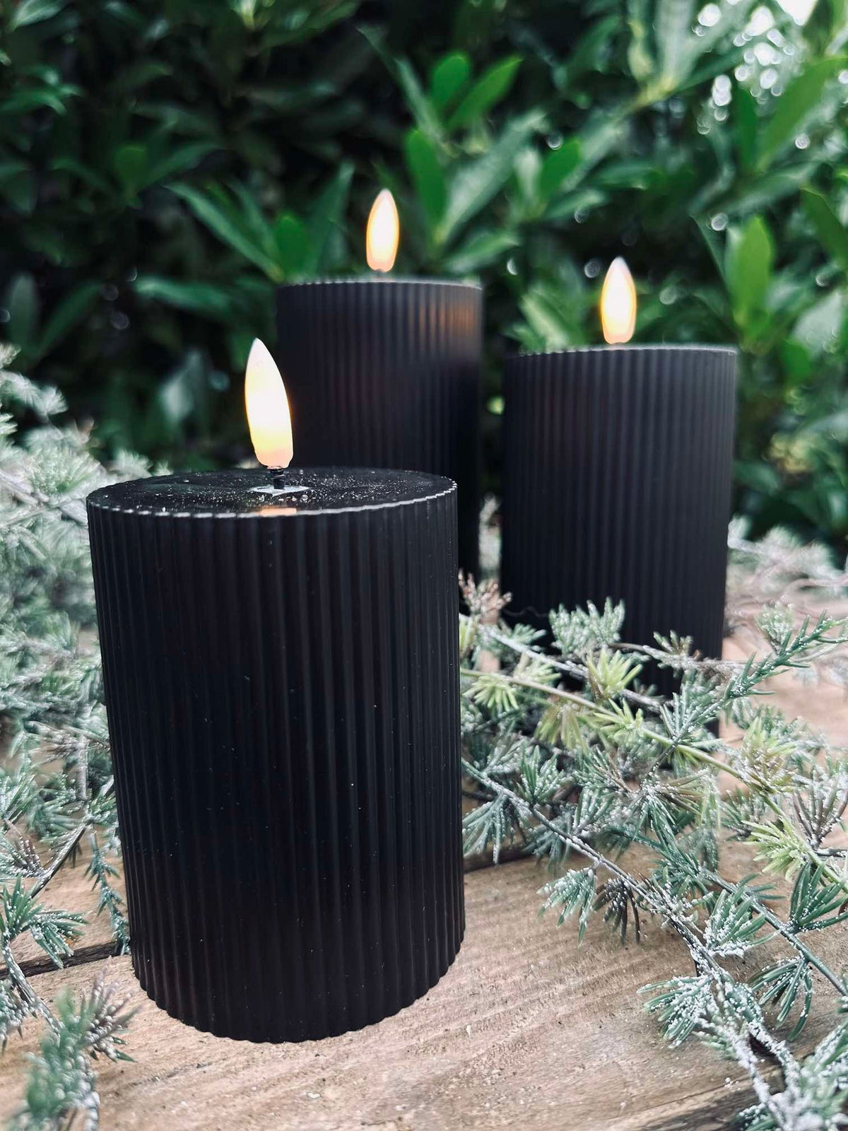 Bougies pilier LED d’extérieur rainurées - Lot de 3 - Noir