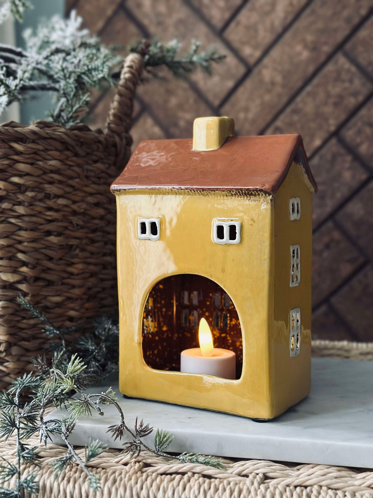 Maison photophore en céramique - Jaune