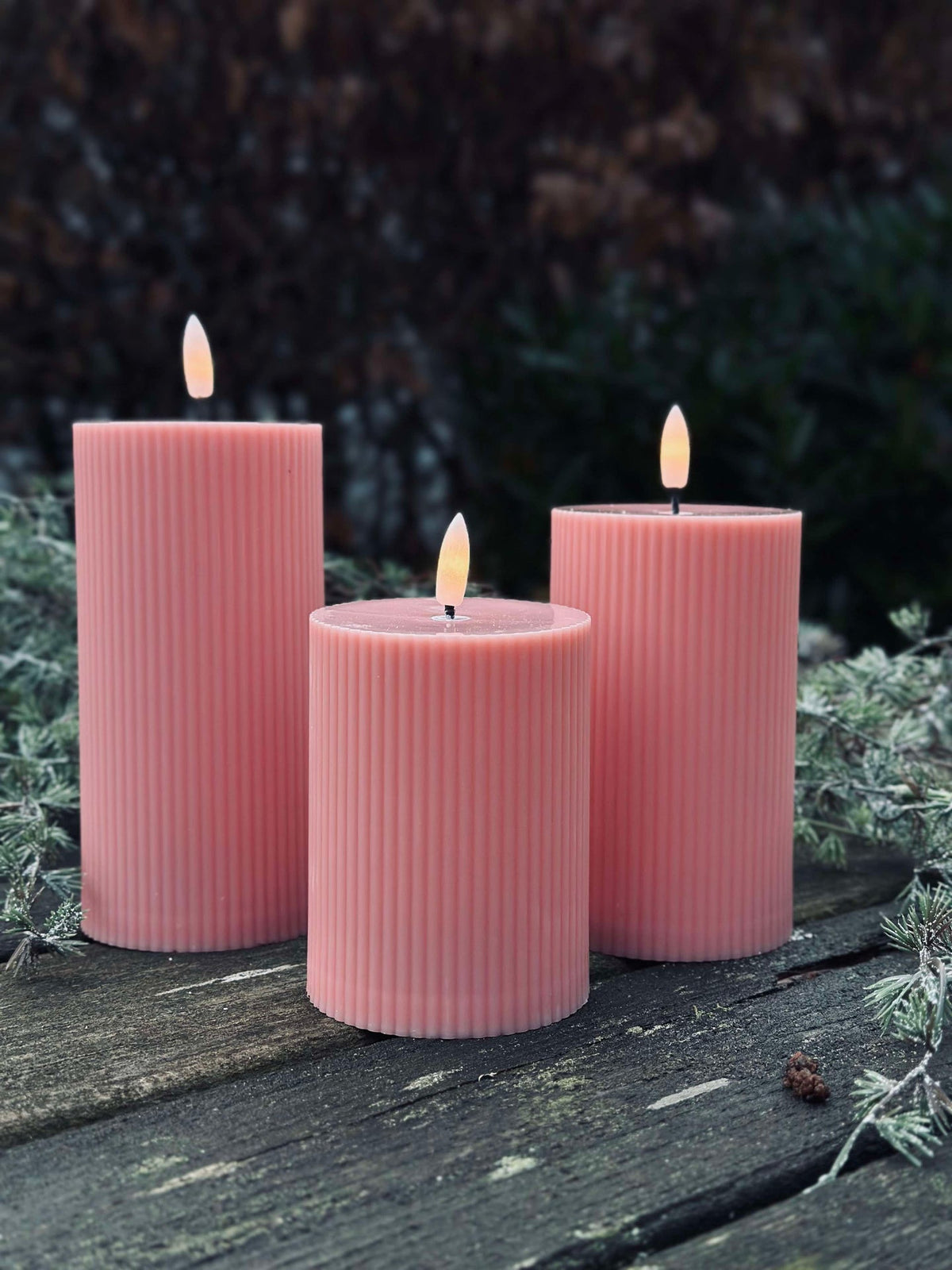 Bougies bloc LED d’extérieur striées - Lot de 3 - Rose