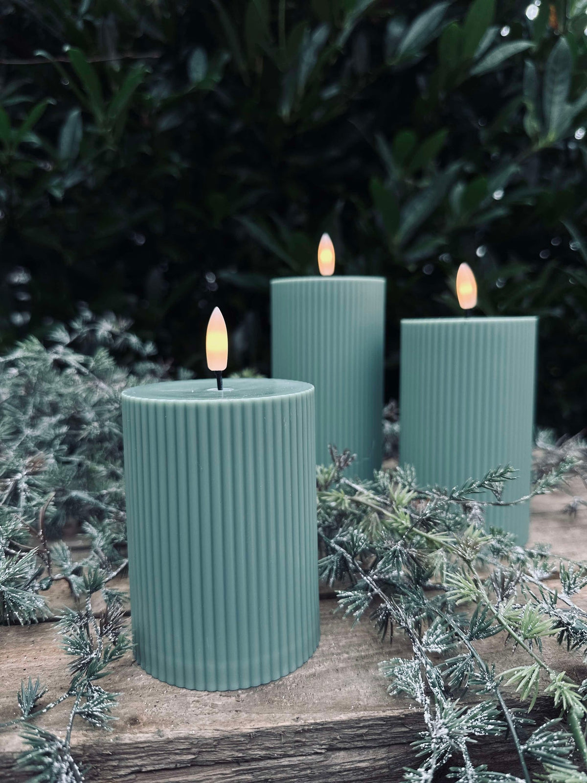 Bougies bloc LED d’extérieur striées - Lot de 3 - Vert