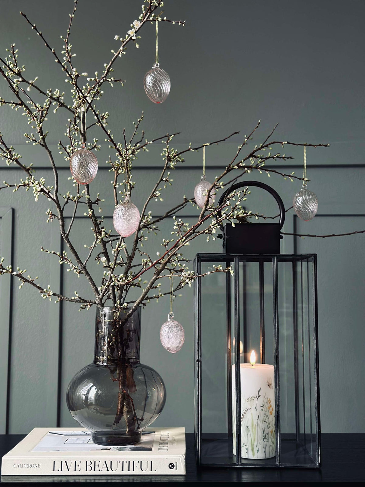 Suspension Œuf en verre à rayures - 3 pcs. Rose