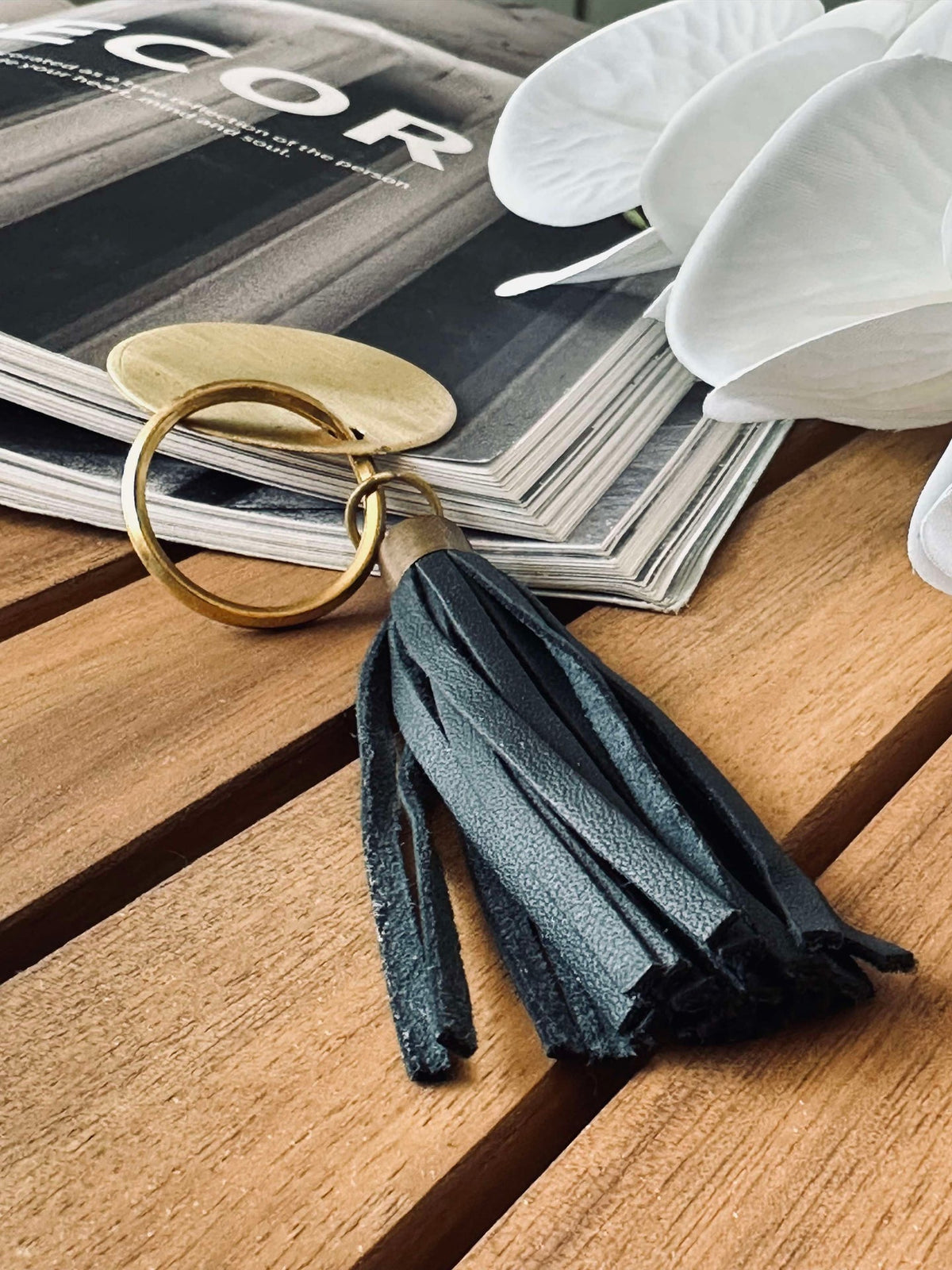 Porte-clés à pompon - Black leather