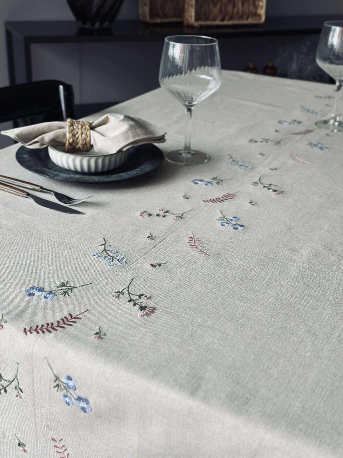 Nappe flower broderie - Effet lin