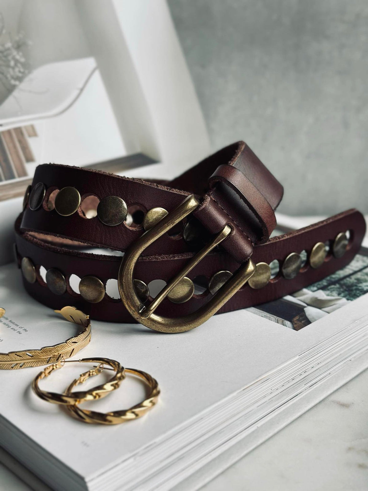 Ceinture jeans décorée de rivets - Brown