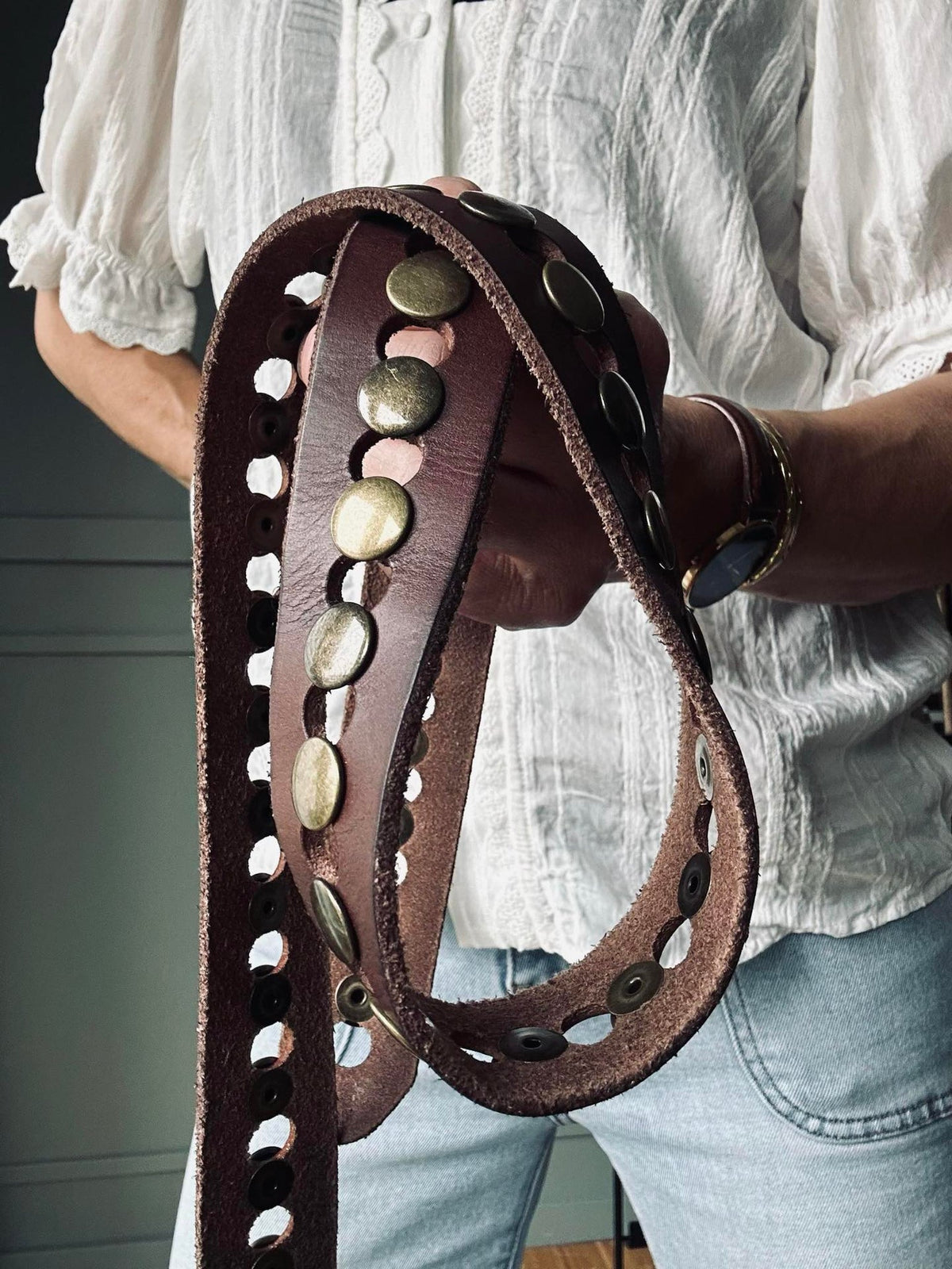 Ceinture jeans décorée de rivets - Brown