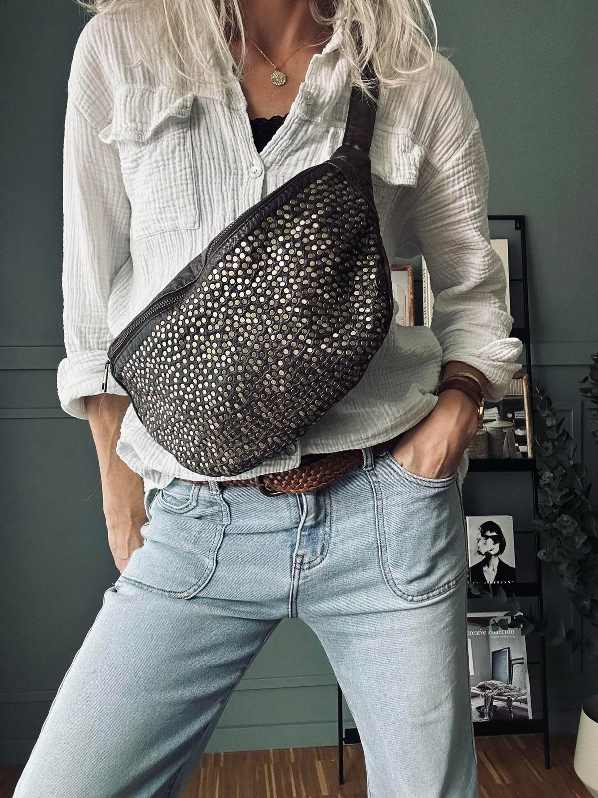 Bumbag Deluxe avec clous - Brown
