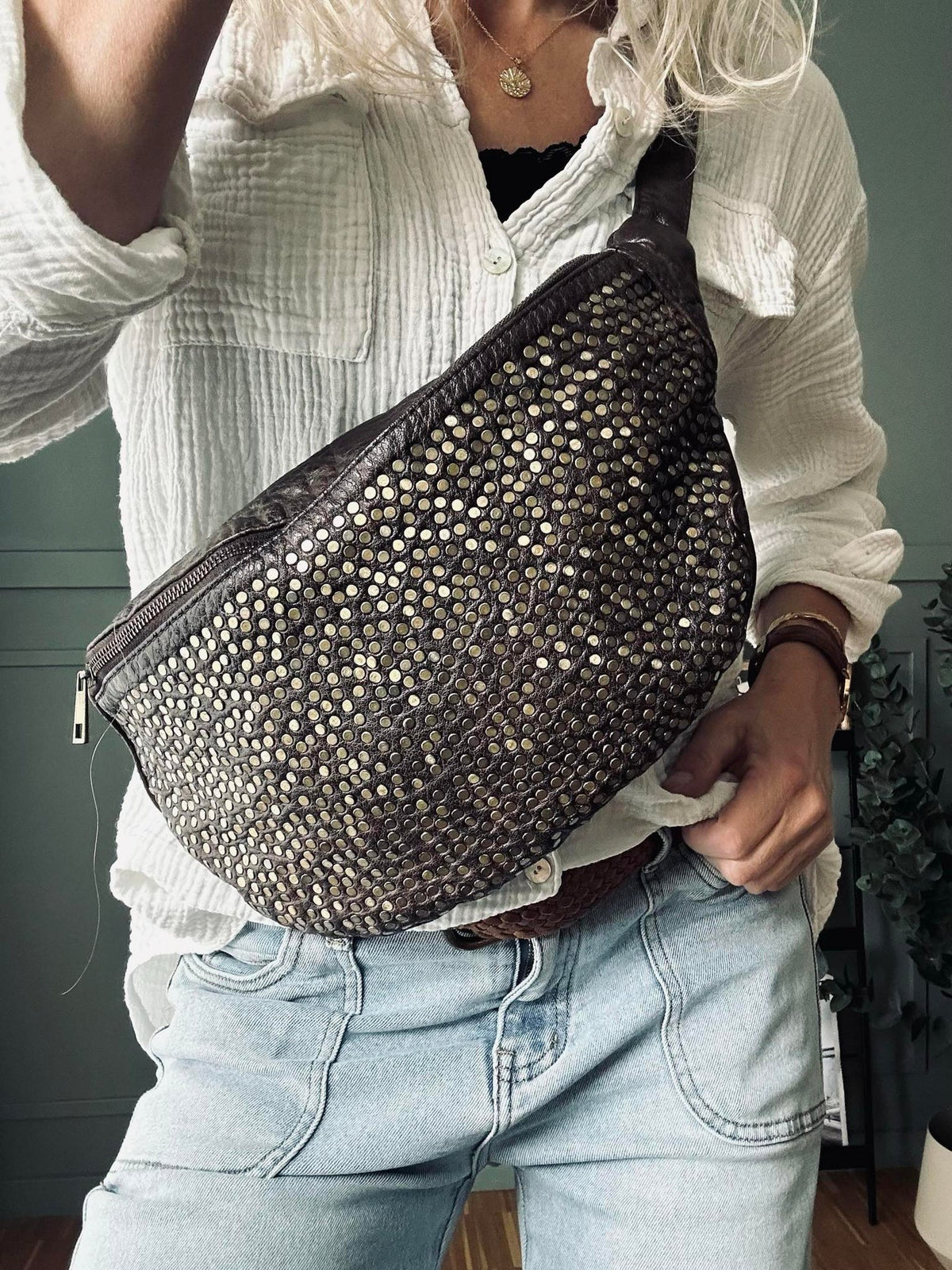 Bumbag Deluxe avec clous - Brown