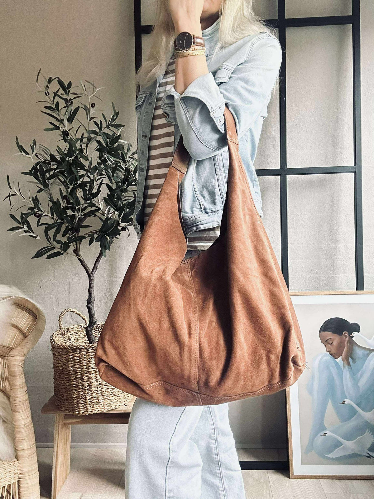 Shopper en daim souple - Cognac