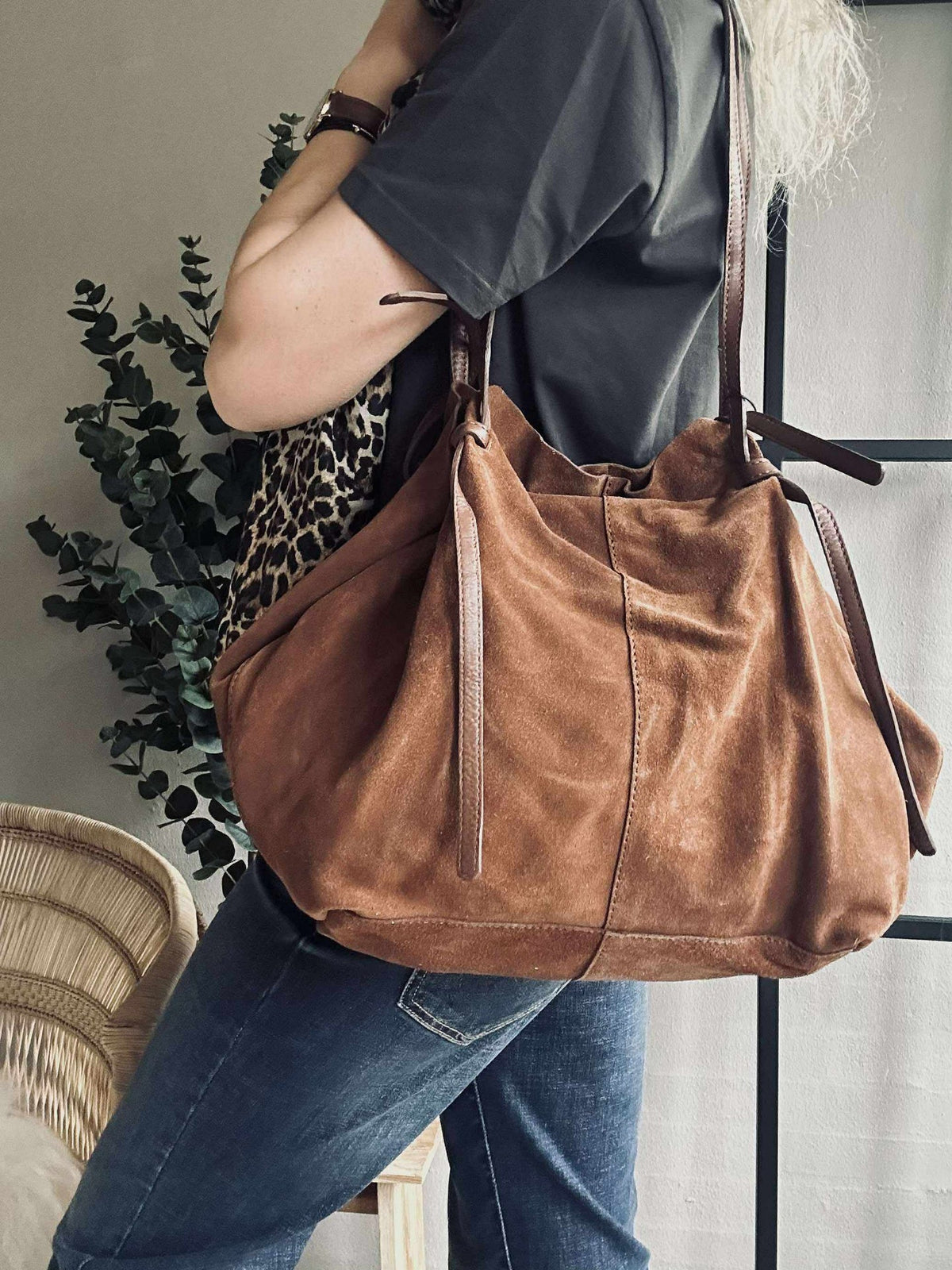 Beau shopper en daim - Cognac