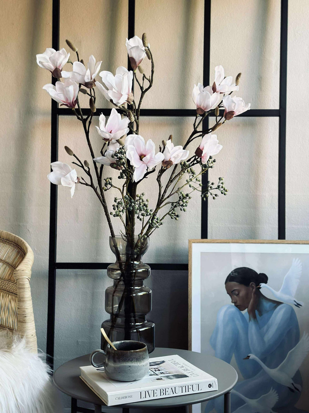 Branche de magnolia rose - 92 cm