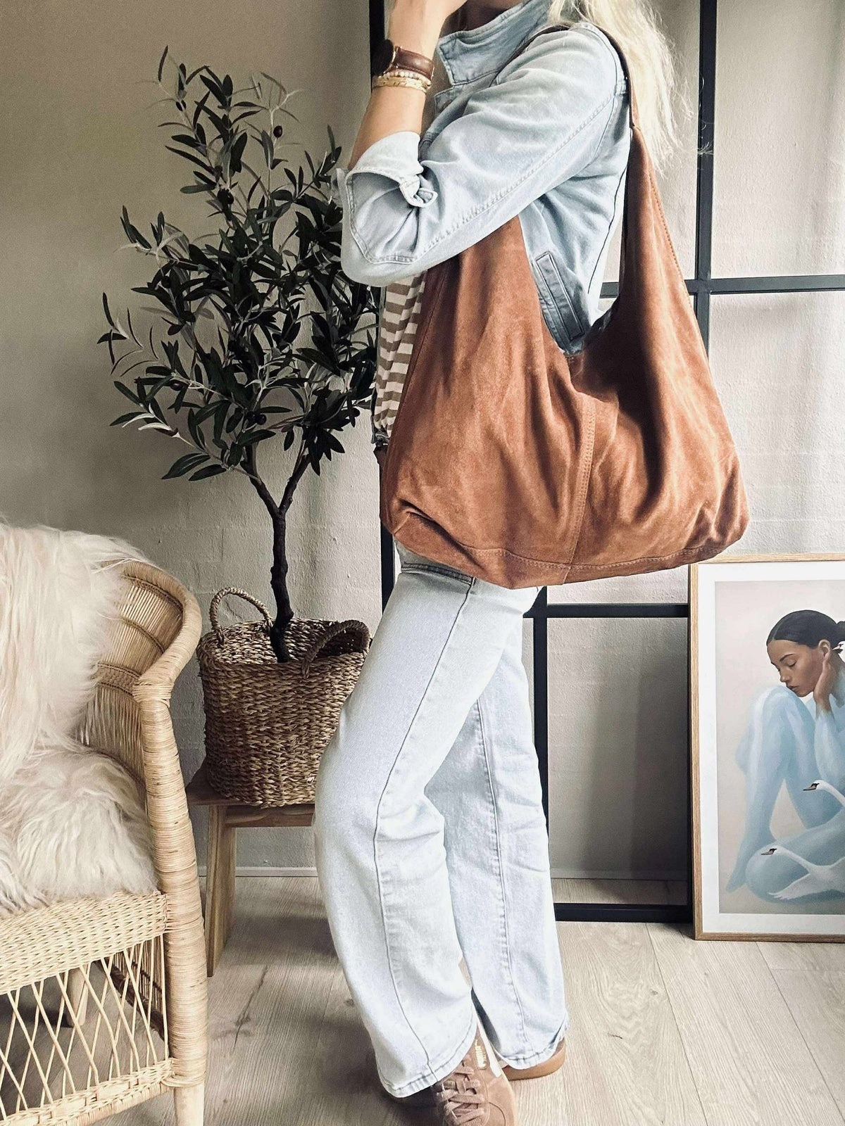 Shopper en daim souple - Cognac