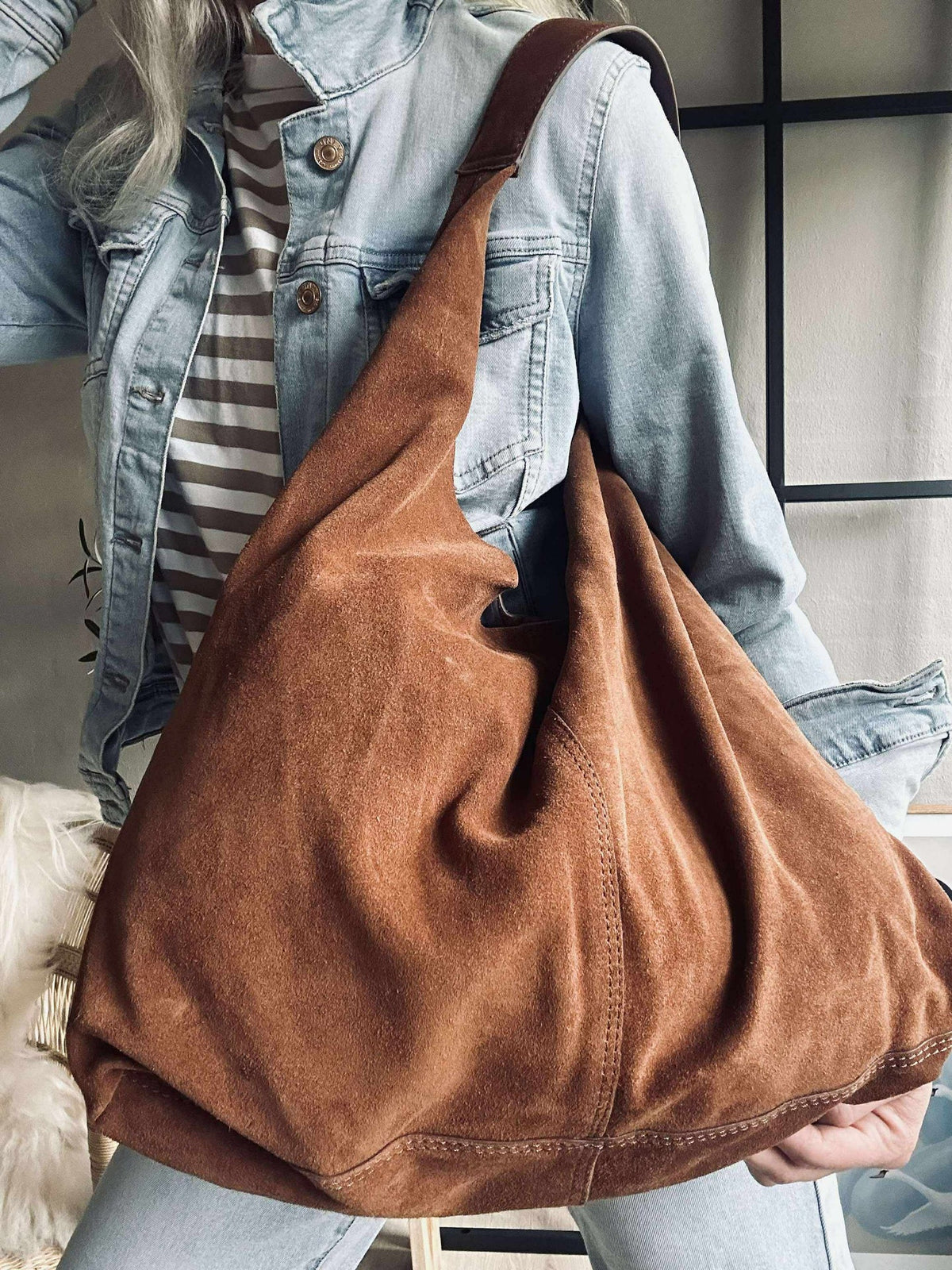 Shopper en daim souple - Cognac